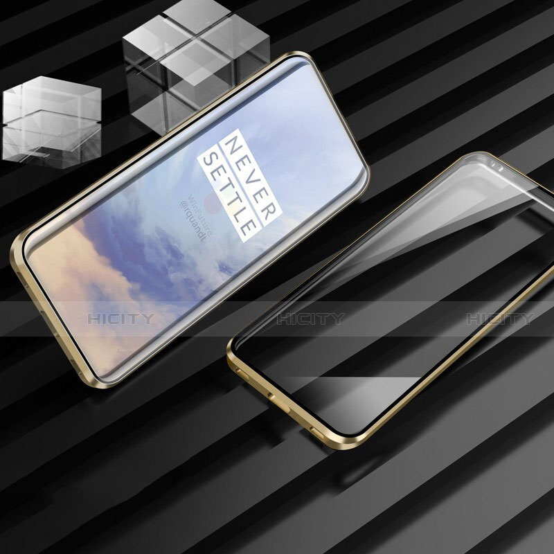 Handyhülle Hülle Luxus Aluminium Metall Rahmen Spiegel 360 Grad Tasche M01 für OnePlus 7T Pro 5G Gold