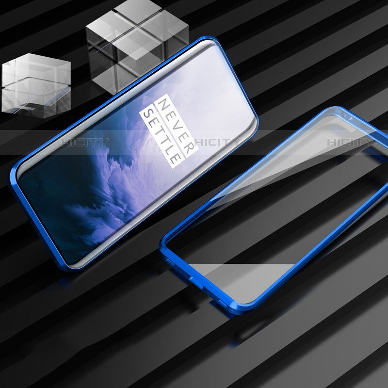 Handyhülle Hülle Luxus Aluminium Metall Rahmen Spiegel 360 Grad Tasche M01 für OnePlus 7T Pro Blau