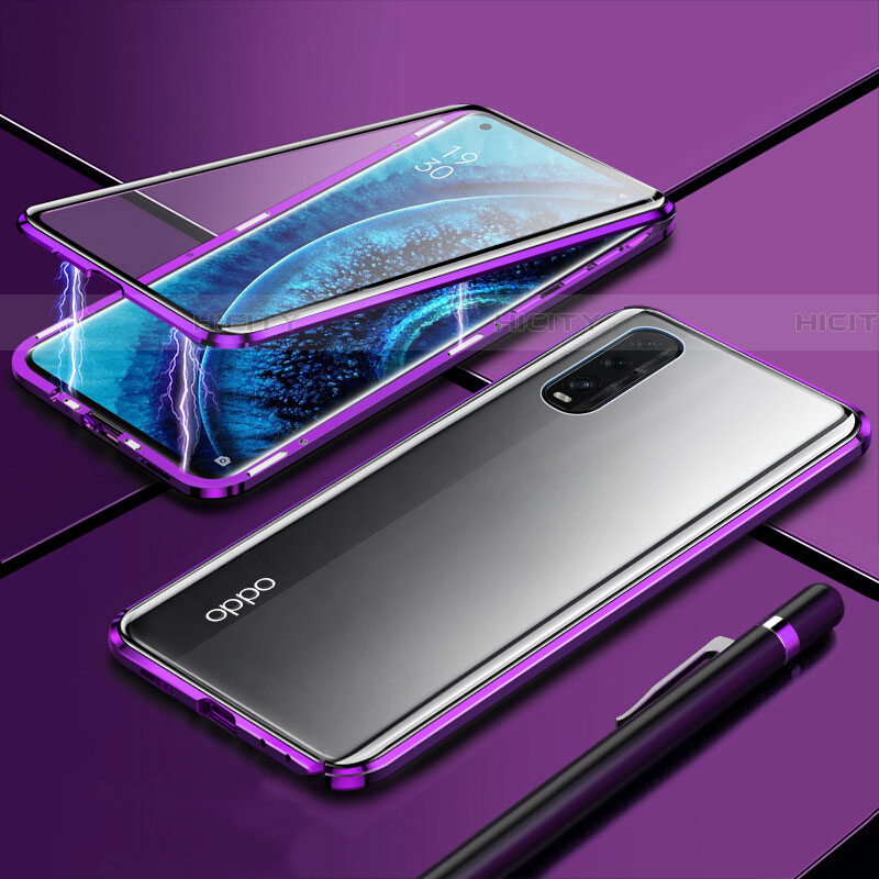 Handyhülle Hülle Luxus Aluminium Metall Rahmen Spiegel 360 Grad Tasche M01 für Oppo Find X2 Violett