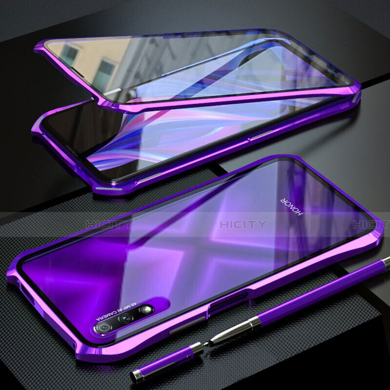 Handyhülle Hülle Luxus Aluminium Metall Rahmen Spiegel 360 Grad Tasche M02 für Huawei Honor 9X Violett