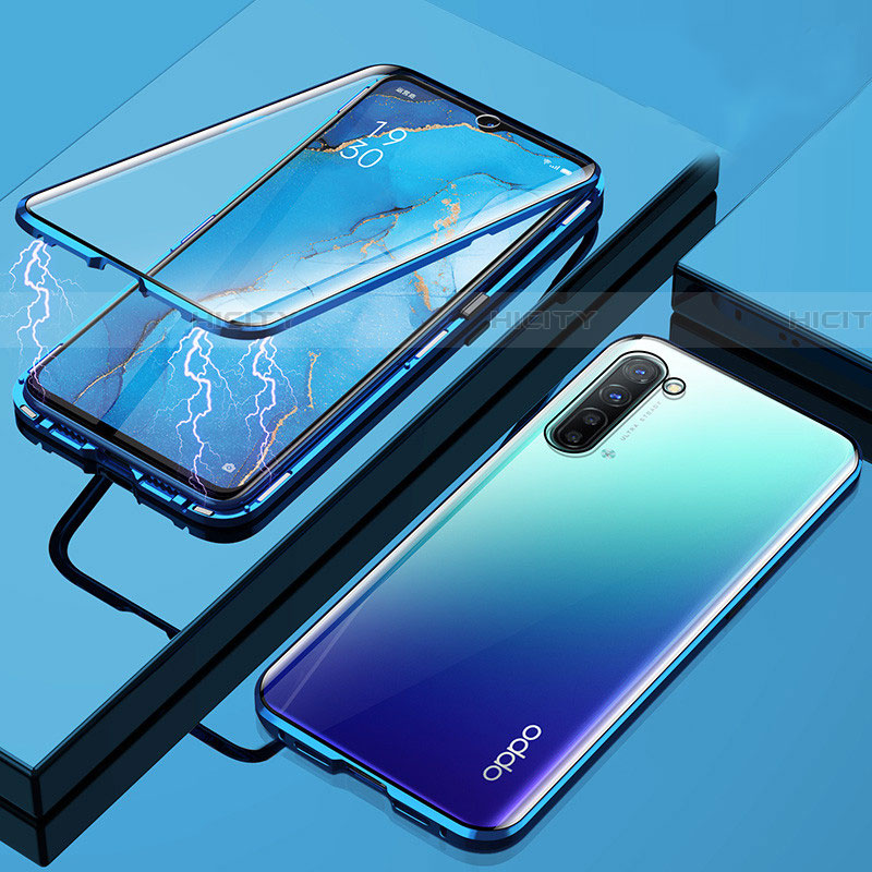 Handyhülle Hülle Luxus Aluminium Metall Rahmen Spiegel 360 Grad Tasche M02 für Oppo Find X2 Lite Blau