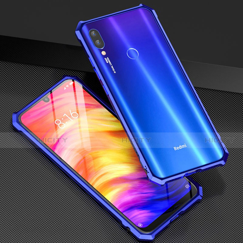 Handyhülle Hülle Luxus Aluminium Metall Rahmen Spiegel 360 Grad Tasche M03 für Xiaomi Redmi Note 7 Blau