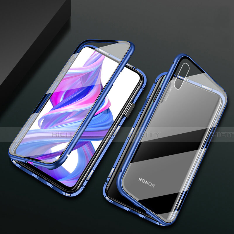 Handyhülle Hülle Luxus Aluminium Metall Rahmen Spiegel 360 Grad Tasche M05 für Huawei Honor 9X Blau