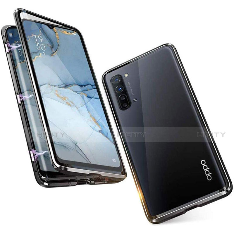 Handyhülle Hülle Luxus Aluminium Metall Rahmen Spiegel 360 Grad Tasche M05 für Oppo F15 Schwarz