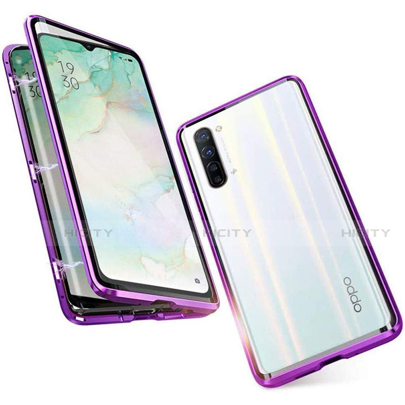 Handyhülle Hülle Luxus Aluminium Metall Rahmen Spiegel 360 Grad Tasche M05 für Oppo F15 Violett