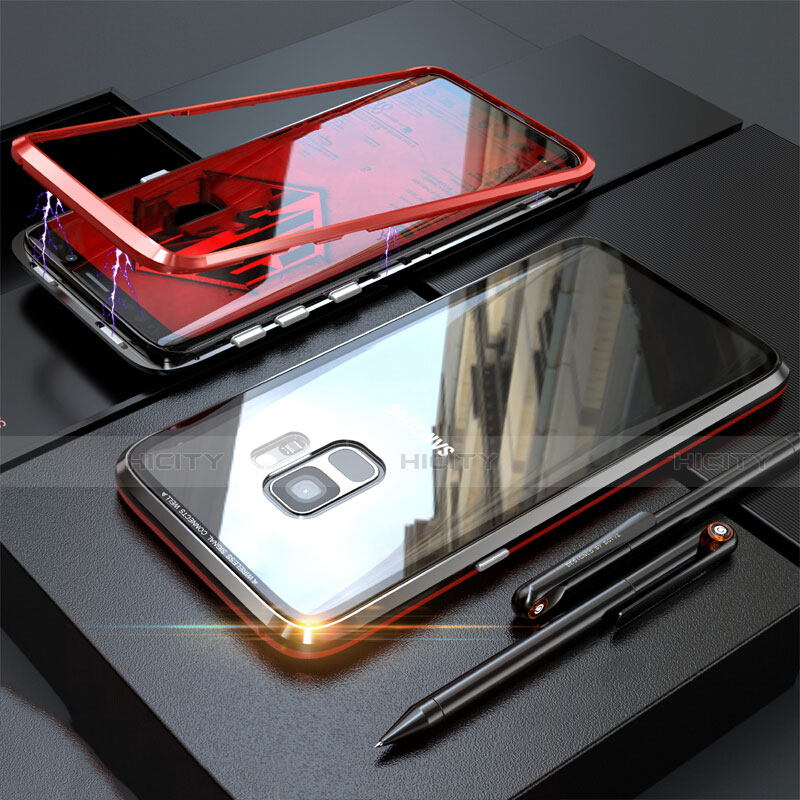 Handyhülle Hülle Luxus Aluminium Metall Rahmen Spiegel 360 Grad Tasche M05 für Samsung Galaxy S9 Rot und Schwarz