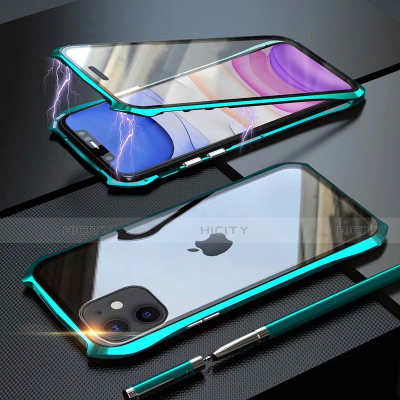 Handyhülle Hülle Luxus Aluminium Metall Rahmen Spiegel 360 Grad Tasche M06 für Apple iPhone 11 Cyan