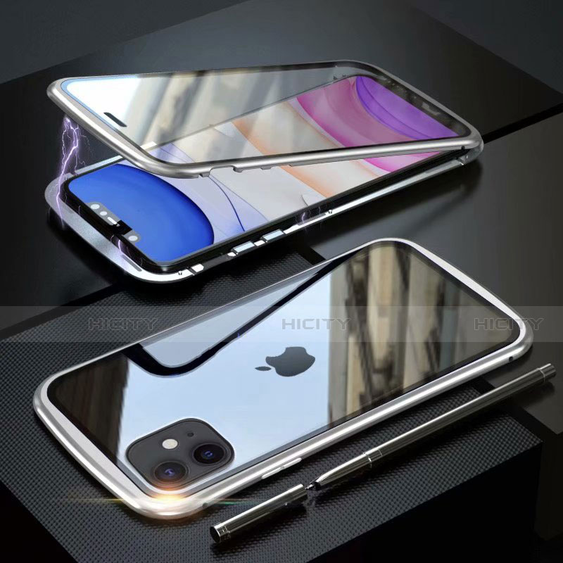 Handyhülle Hülle Luxus Aluminium Metall Rahmen Spiegel 360 Grad Tasche M07 für Apple iPhone 11 Silber Plus