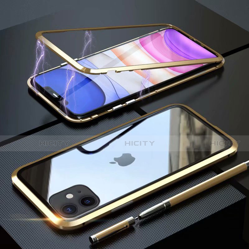 Handyhülle Hülle Luxus Aluminium Metall Rahmen Spiegel 360 Grad Tasche M09 für Apple iPhone 11 Gold Plus