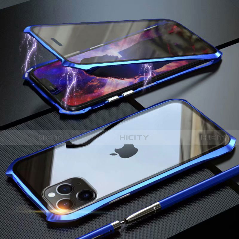 Handyhülle Hülle Luxus Aluminium Metall Rahmen Spiegel 360 Grad Tasche M10 für Apple iPhone 11 Pro Blau