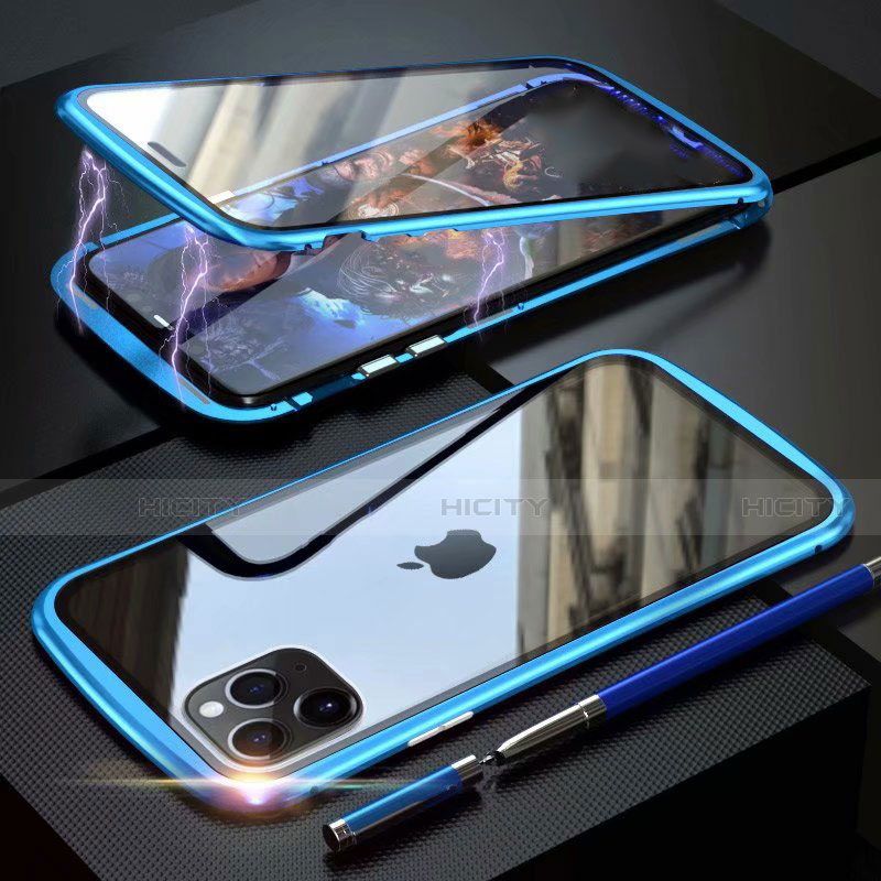 Handyhülle Hülle Luxus Aluminium Metall Rahmen Spiegel 360 Grad Tasche M11 für Apple iPhone 11 Pro Max Hellblau