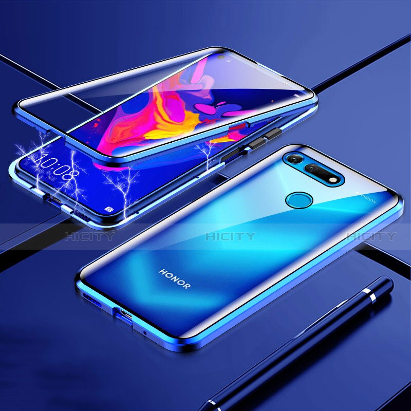 Handyhülle Hülle Luxus Aluminium Metall Rahmen Spiegel 360 Grad Tasche T01 für Huawei Honor View 20 Blau