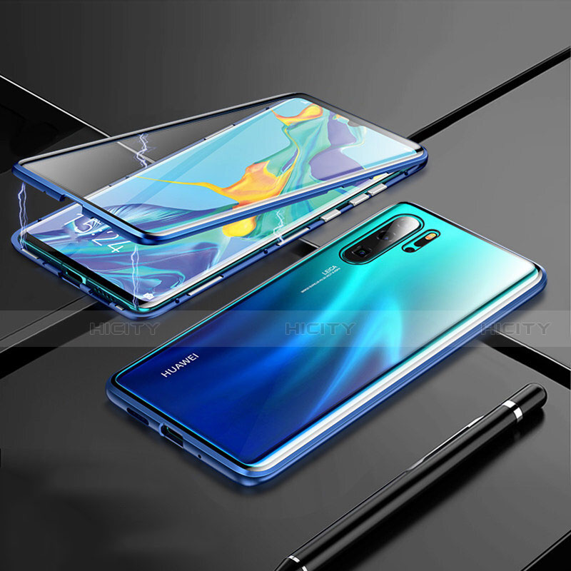 Handyhülle Hülle Luxus Aluminium Metall Rahmen Spiegel 360 Grad Tasche T01 für Huawei P30 Pro Blau