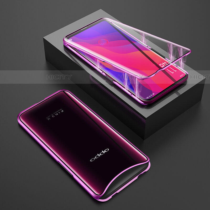 Handyhülle Hülle Luxus Aluminium Metall Rahmen Spiegel 360 Grad Tasche T01 für Oppo Find X Super Flash Edition Violett