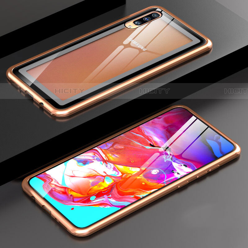 Handyhülle Hülle Luxus Aluminium Metall Rahmen Spiegel 360 Grad Tasche T01 für Samsung Galaxy A70 Gold Plus