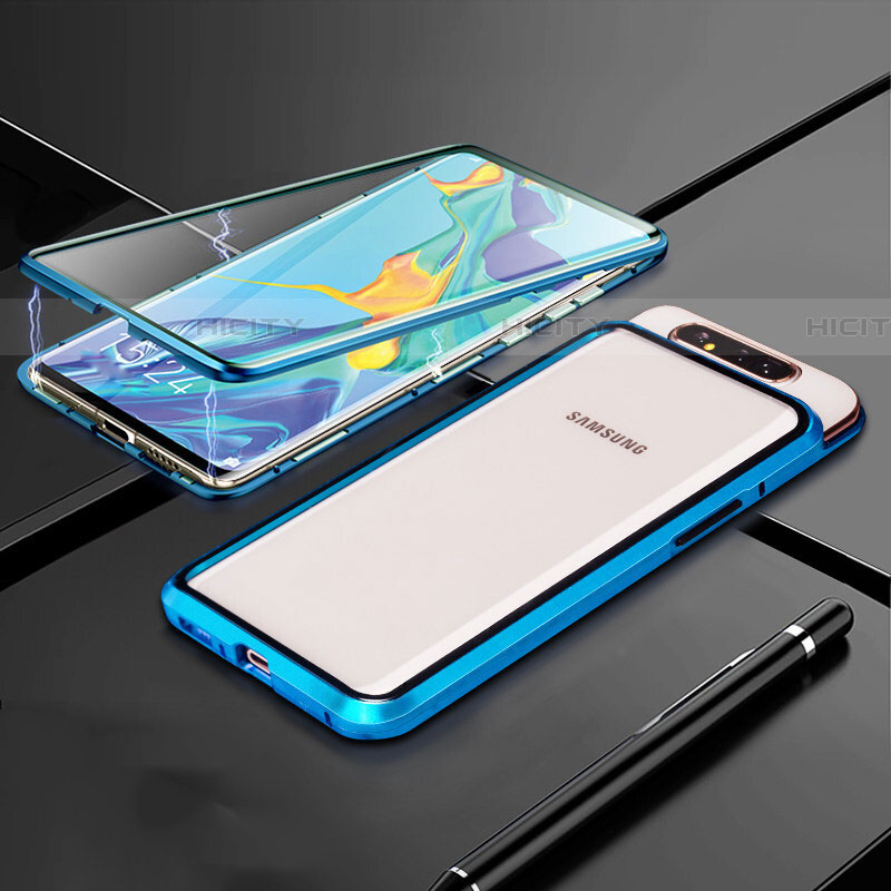 Handyhülle Hülle Luxus Aluminium Metall Rahmen Spiegel 360 Grad Tasche T01 für Samsung Galaxy A80 Blau