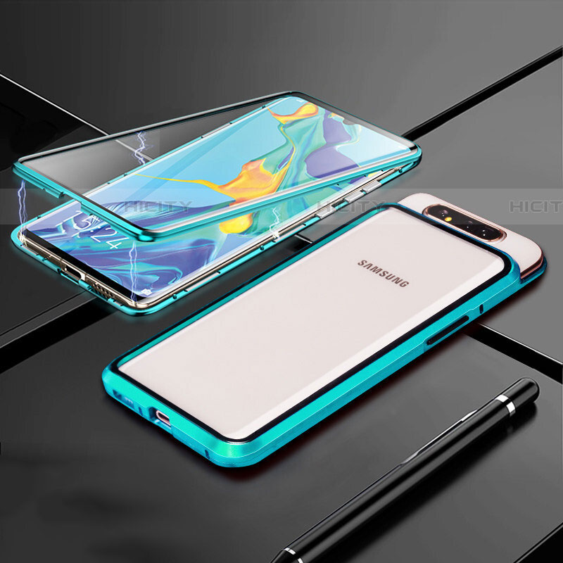 Handyhülle Hülle Luxus Aluminium Metall Rahmen Spiegel 360 Grad Tasche T01 für Samsung Galaxy A80 Cyan