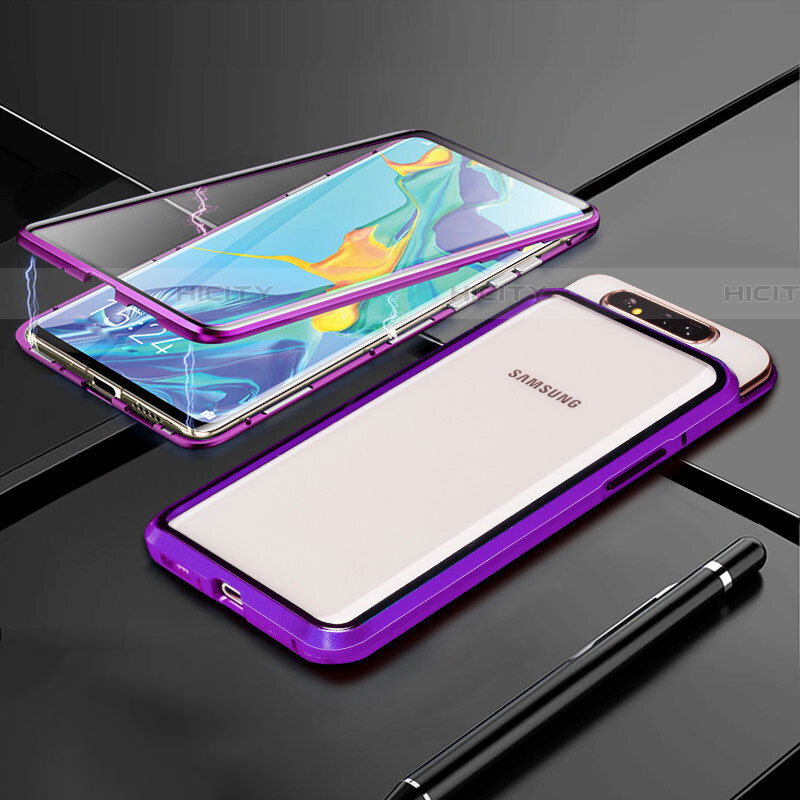 Handyhülle Hülle Luxus Aluminium Metall Rahmen Spiegel 360 Grad Tasche T01 für Samsung Galaxy A80 Violett