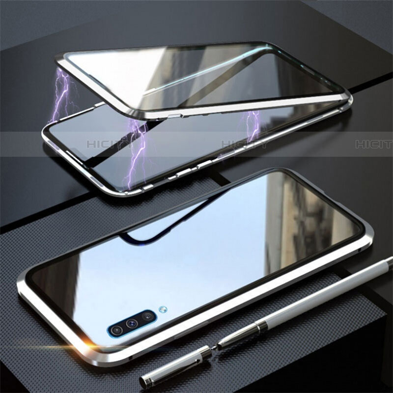 Handyhülle Hülle Luxus Aluminium Metall Rahmen Spiegel 360 Grad Tasche T02 für Samsung Galaxy A70 Silber