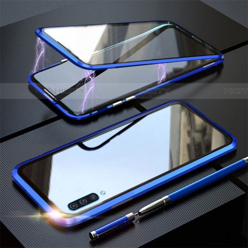 Handyhülle Hülle Luxus Aluminium Metall Rahmen Spiegel 360 Grad Tasche T02 für Samsung Galaxy A70S Blau Plus