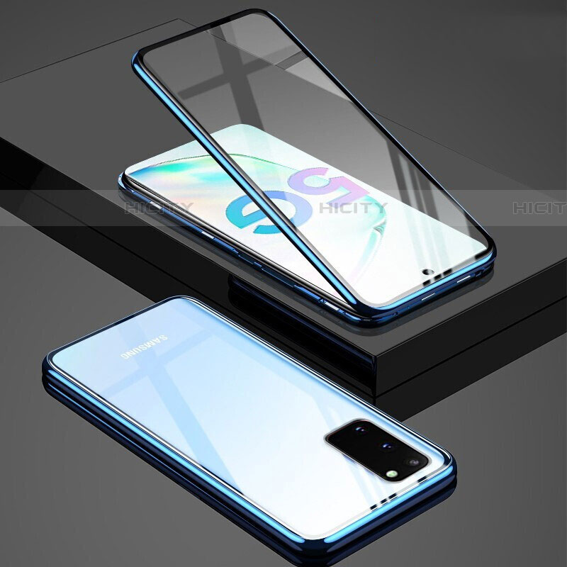 Handyhülle Hülle Luxus Aluminium Metall Rahmen Spiegel 360 Grad Tasche T02 für Samsung Galaxy S20 Blau