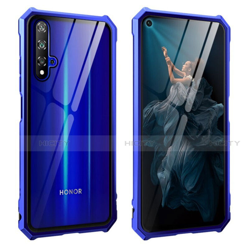 Handyhülle Hülle Luxus Aluminium Metall Rahmen Spiegel 360 Grad Tasche T04 für Huawei Honor 20 Blau