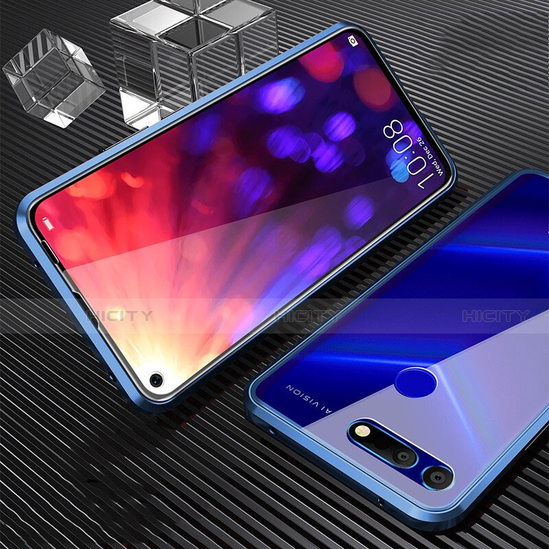 Handyhülle Hülle Luxus Aluminium Metall Rahmen Spiegel 360 Grad Tasche T04 für Huawei Honor View 20 Blau Plus