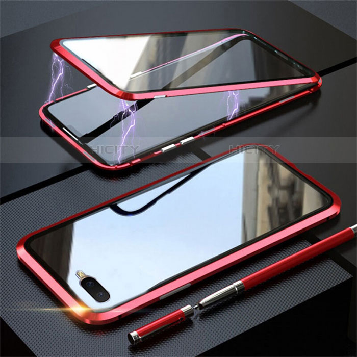 Handyhülle Hülle Luxus Aluminium Metall Rahmen Spiegel 360 Grad Tasche T05 für Oppo RX17 Neo Rot