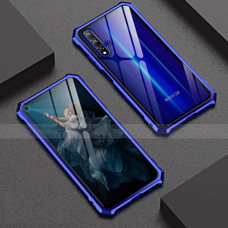 Handyhülle Hülle Luxus Aluminium Metall Rahmen Spiegel 360 Grad Tasche T06 für Huawei Honor 20 Blau