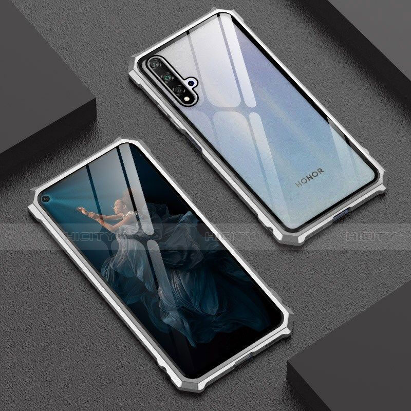 Handyhülle Hülle Luxus Aluminium Metall Rahmen Spiegel 360 Grad Tasche T06 für Huawei Honor 20S Silber