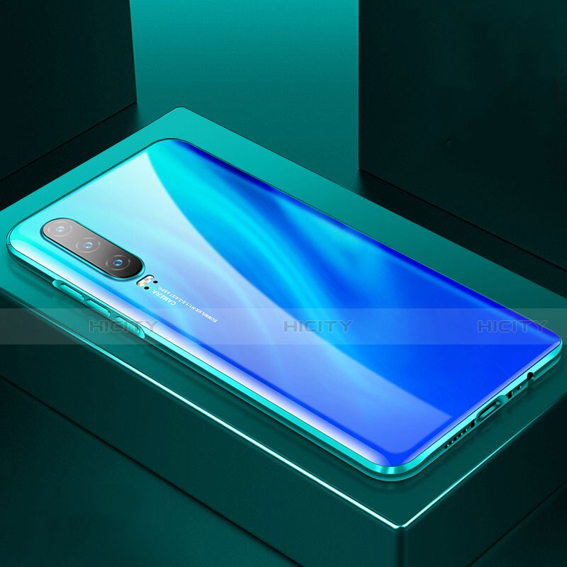 Handyhülle Hülle Luxus Aluminium Metall Rahmen Spiegel 360 Grad Tasche T06 für Huawei P30 Blau