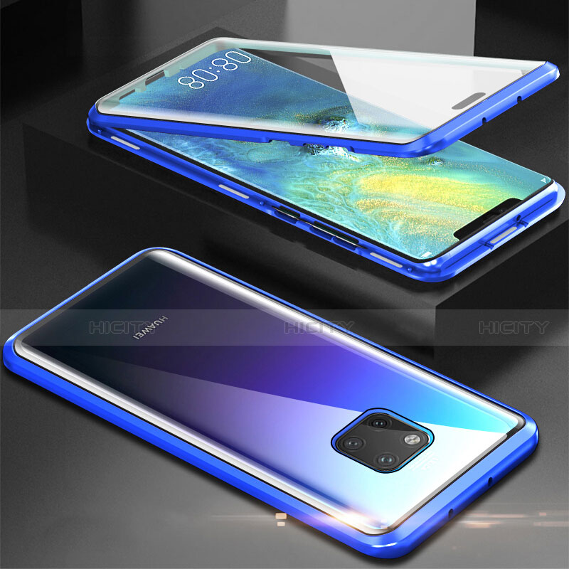 Handyhülle Hülle Luxus Aluminium Metall Rahmen Spiegel 360 Grad Tasche T07 für Huawei Mate 20 Pro Blau