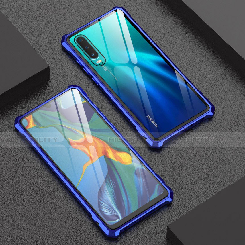 Handyhülle Hülle Luxus Aluminium Metall Rahmen Spiegel Tasche für Huawei P30 Blau Plus