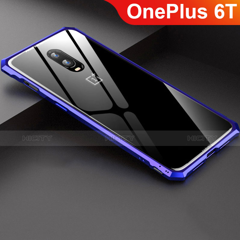 Handyhülle Hülle Luxus Aluminium Metall Rahmen Spiegel Tasche für OnePlus 6T Blau