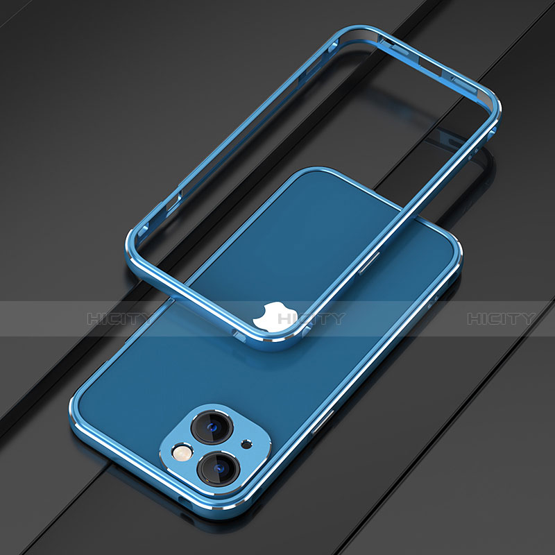Handyhülle Hülle Luxus Aluminium Metall Rahmen Tasche A01 für Apple iPhone 14 Plus Blau