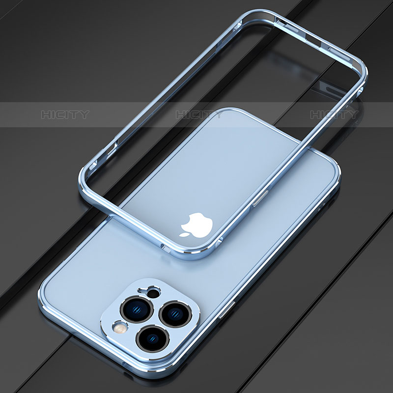 Handyhülle Hülle Luxus Aluminium Metall Rahmen Tasche für Apple iPhone 15 Pro Hellblau Plus