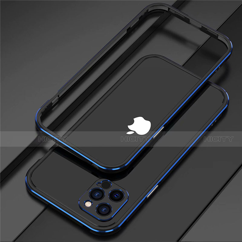 Handyhülle Hülle Luxus Aluminium Metall Rahmen Tasche N02 für Apple iPhone 12 Pro Blau und Schwarz Plus