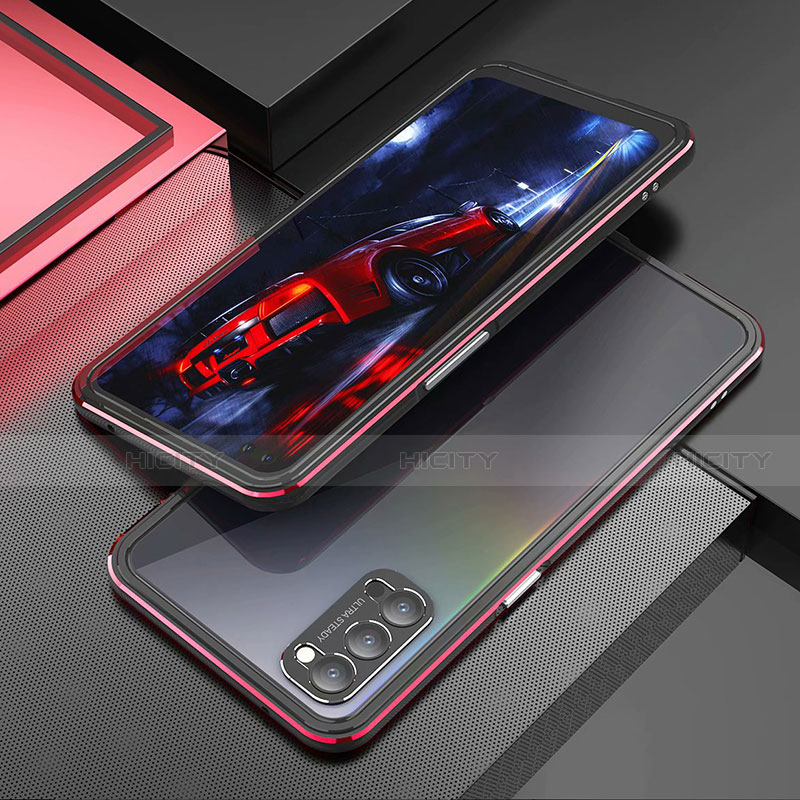 Handyhülle Hülle Luxus Aluminium Metall Rahmen Tasche T01 für Oppo Reno4 Pro 5G Rot und Schwarz