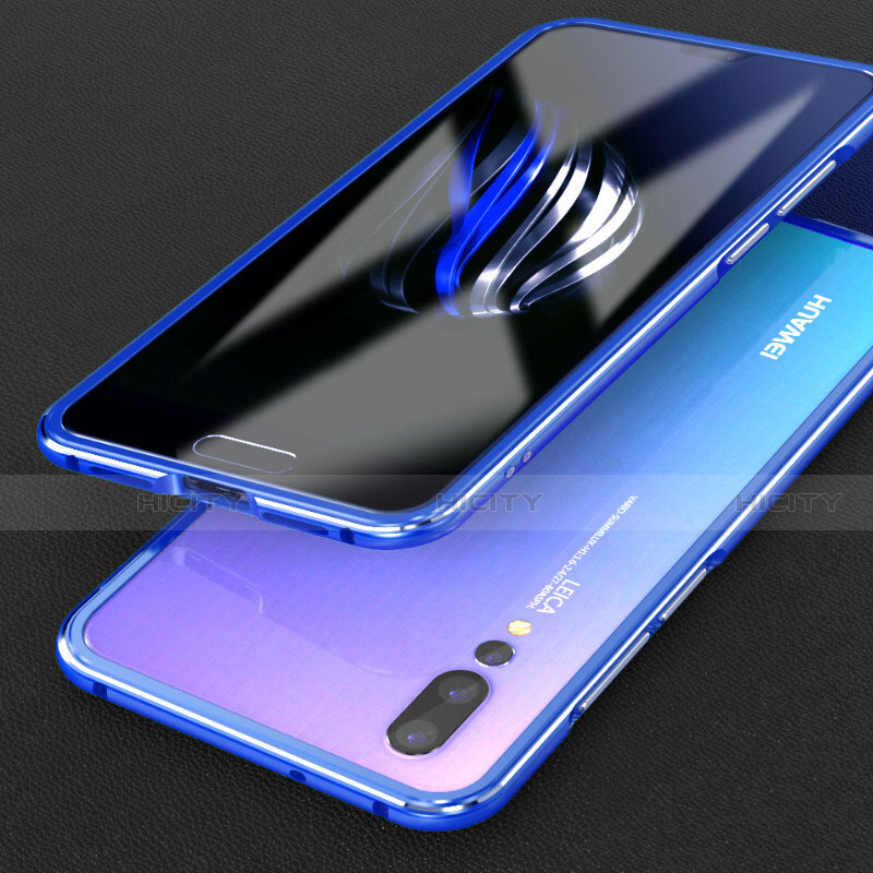 Handyhülle Hülle Luxus Aluminium Metall Rahmen Tasche T02 für Huawei P20 Pro Blau