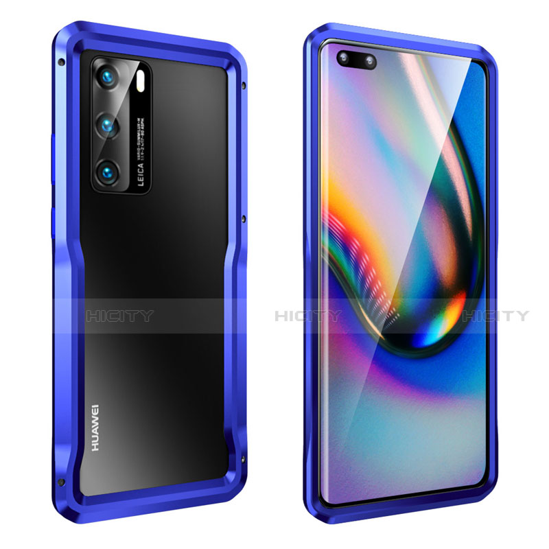 Handyhülle Hülle Luxus Aluminium Metall Rahmen Tasche T02 für Huawei P40 Blau