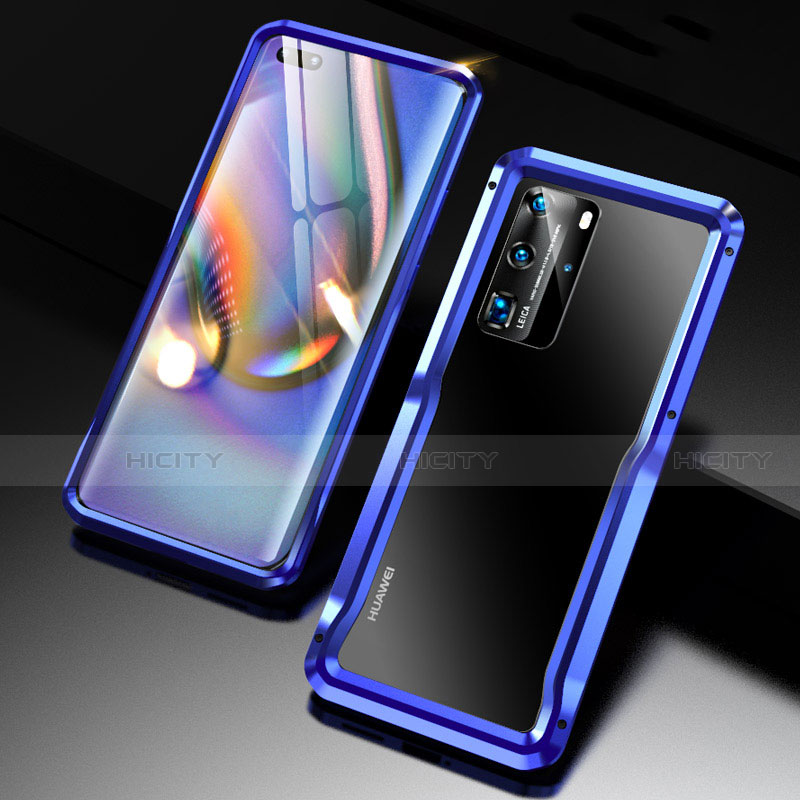 Handyhülle Hülle Luxus Aluminium Metall Rahmen Tasche T02 für Huawei P40 Pro Blau