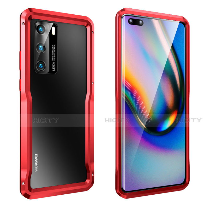 Handyhülle Hülle Luxus Aluminium Metall Rahmen Tasche T02 für Huawei P40 Rot Plus