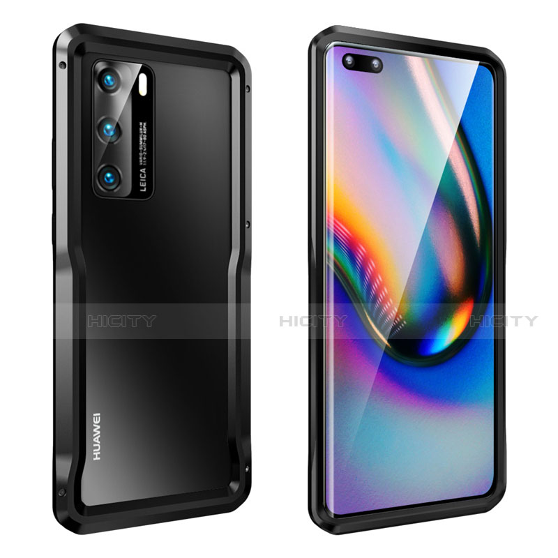 Handyhülle Hülle Luxus Aluminium Metall Rahmen Tasche T02 für Huawei P40 Schwarz