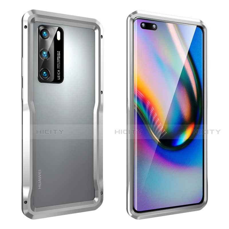 Handyhülle Hülle Luxus Aluminium Metall Rahmen Tasche T02 für Huawei P40 Silber