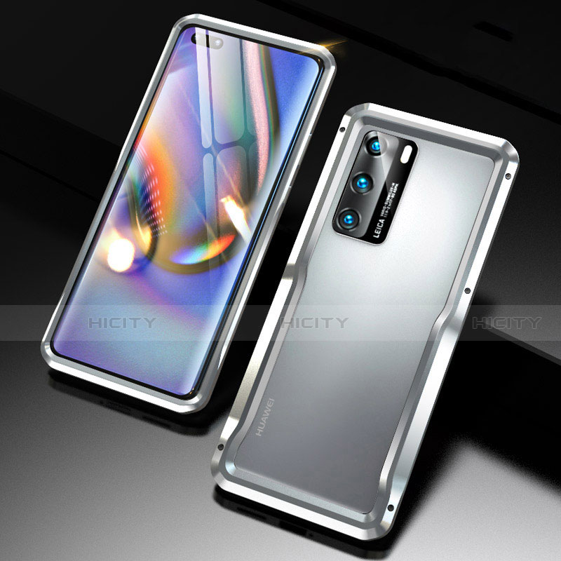 Handyhülle Hülle Luxus Aluminium Metall Rahmen Tasche T03 für Huawei P40 Silber