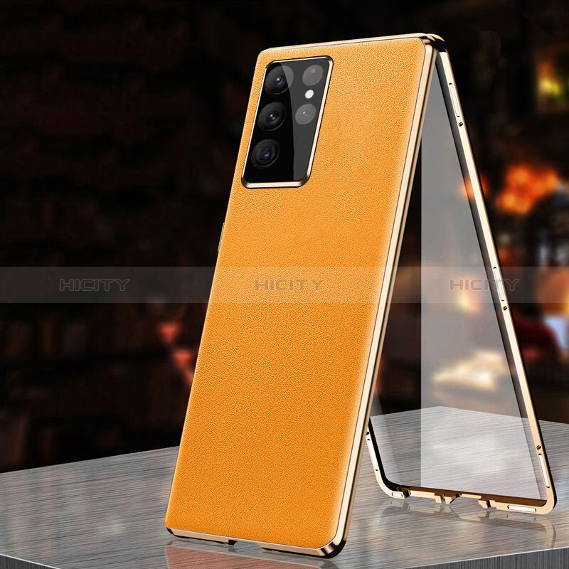 Handyhülle Hülle Luxus Aluminium Metall Tasche 360 Grad Ganzkörper D01 für Samsung Galaxy S24 Ultra 5G Orange