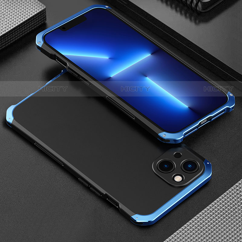 Handyhülle Hülle Luxus Aluminium Metall Tasche 360 Grad Ganzkörper für Apple iPhone 13 Blau und Schwarz Plus