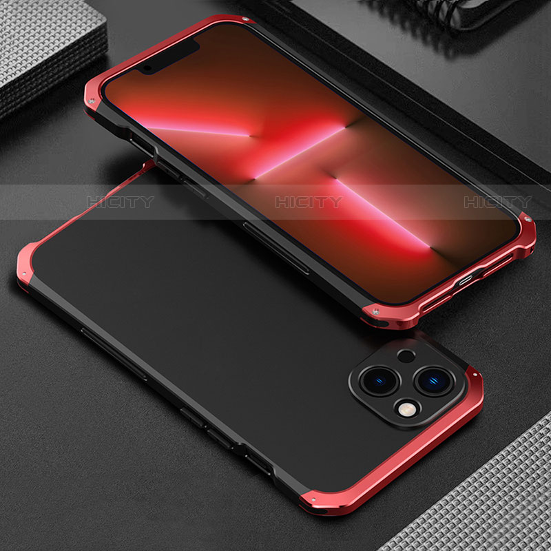 Handyhülle Hülle Luxus Aluminium Metall Tasche 360 Grad Ganzkörper für Apple iPhone 13 Mini Rot und Schwarz