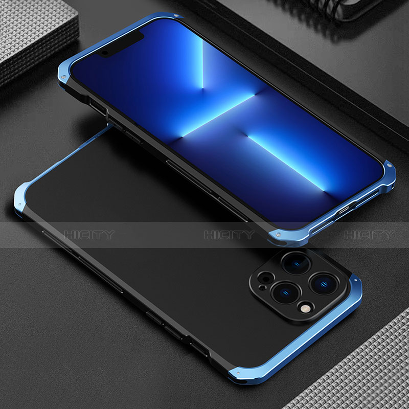 Handyhülle Hülle Luxus Aluminium Metall Tasche 360 Grad Ganzkörper für Apple iPhone 13 Pro Blau und Schwarz