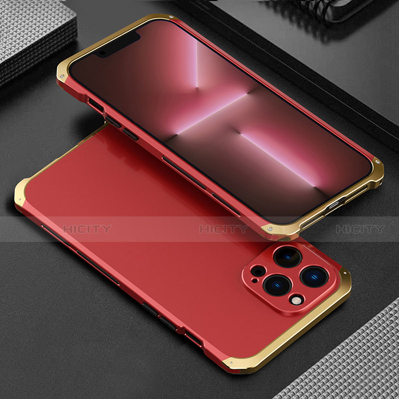 Handyhülle Hülle Luxus Aluminium Metall Tasche 360 Grad Ganzkörper für Apple iPhone 13 Pro Max Gold und Rot Plus